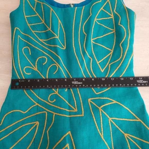 Santa Fe Sheath Dress Womens 6 Aqua Green Ramie Gold Embroidered Leaves Tropical - Picture 5 of 13